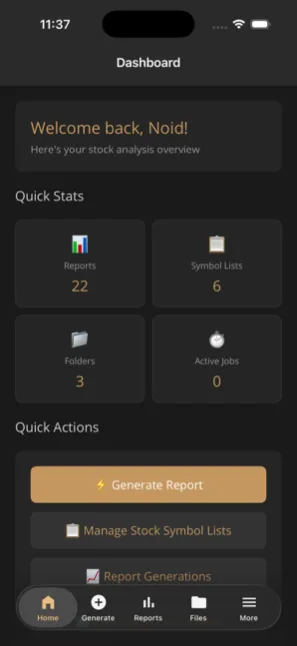GMI mobile dashboard with quick stats and actions