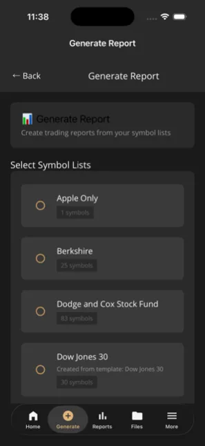 Generate Report symbol list selection