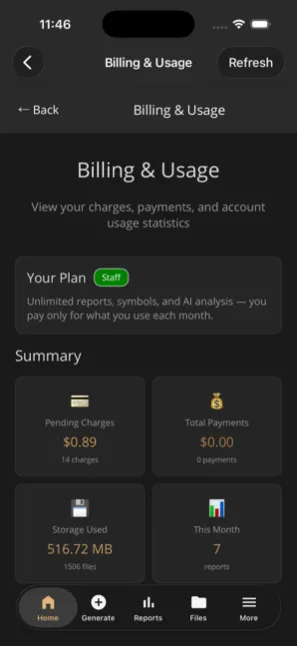 Billing and usage with plan panel and summary cards