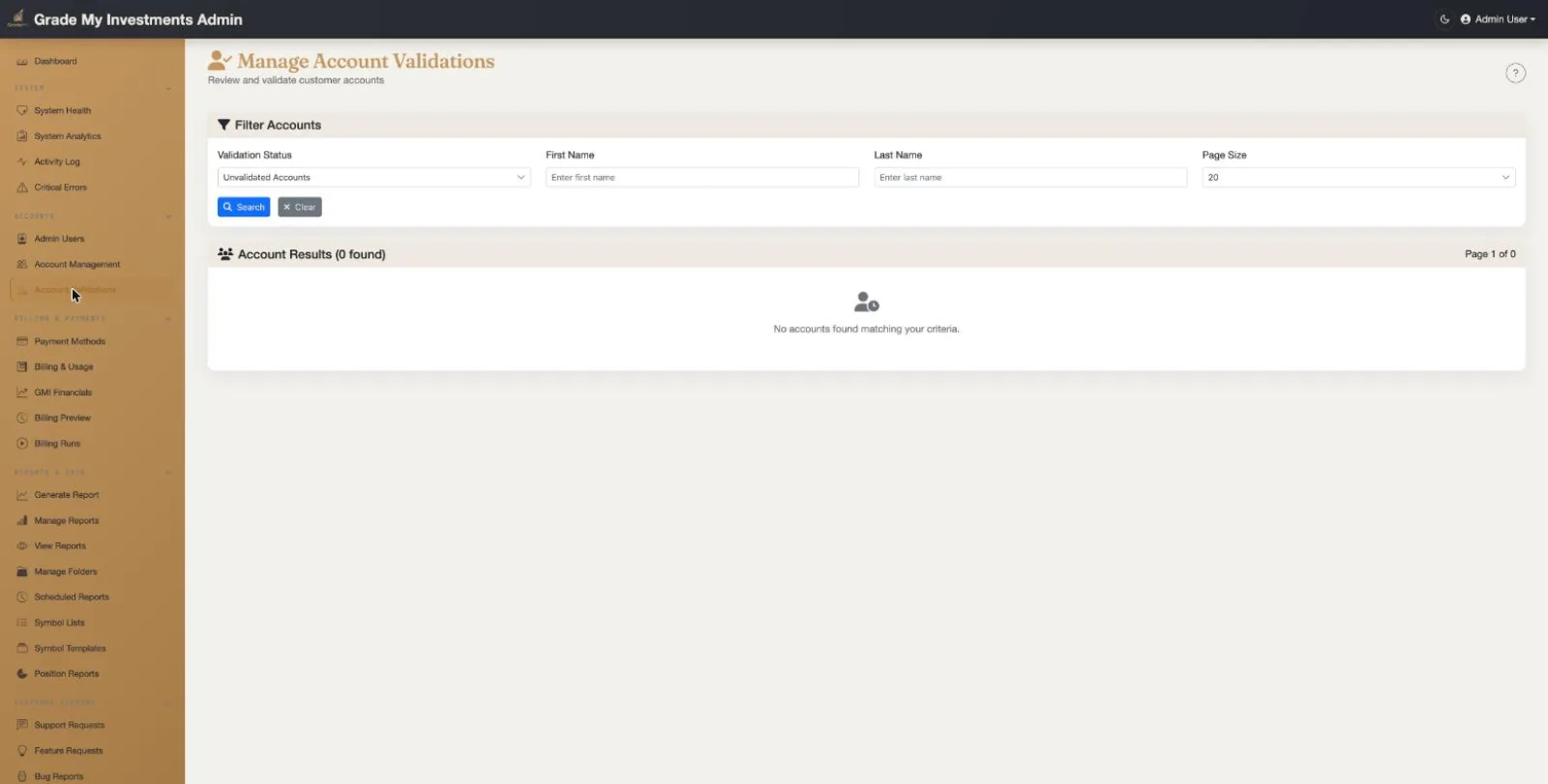Grade My Investments Account Validations