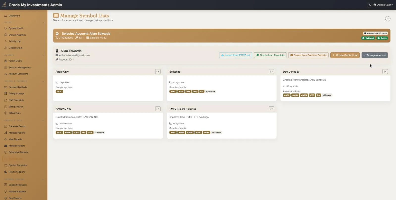 Grade My Investments Manage Symbol Lists