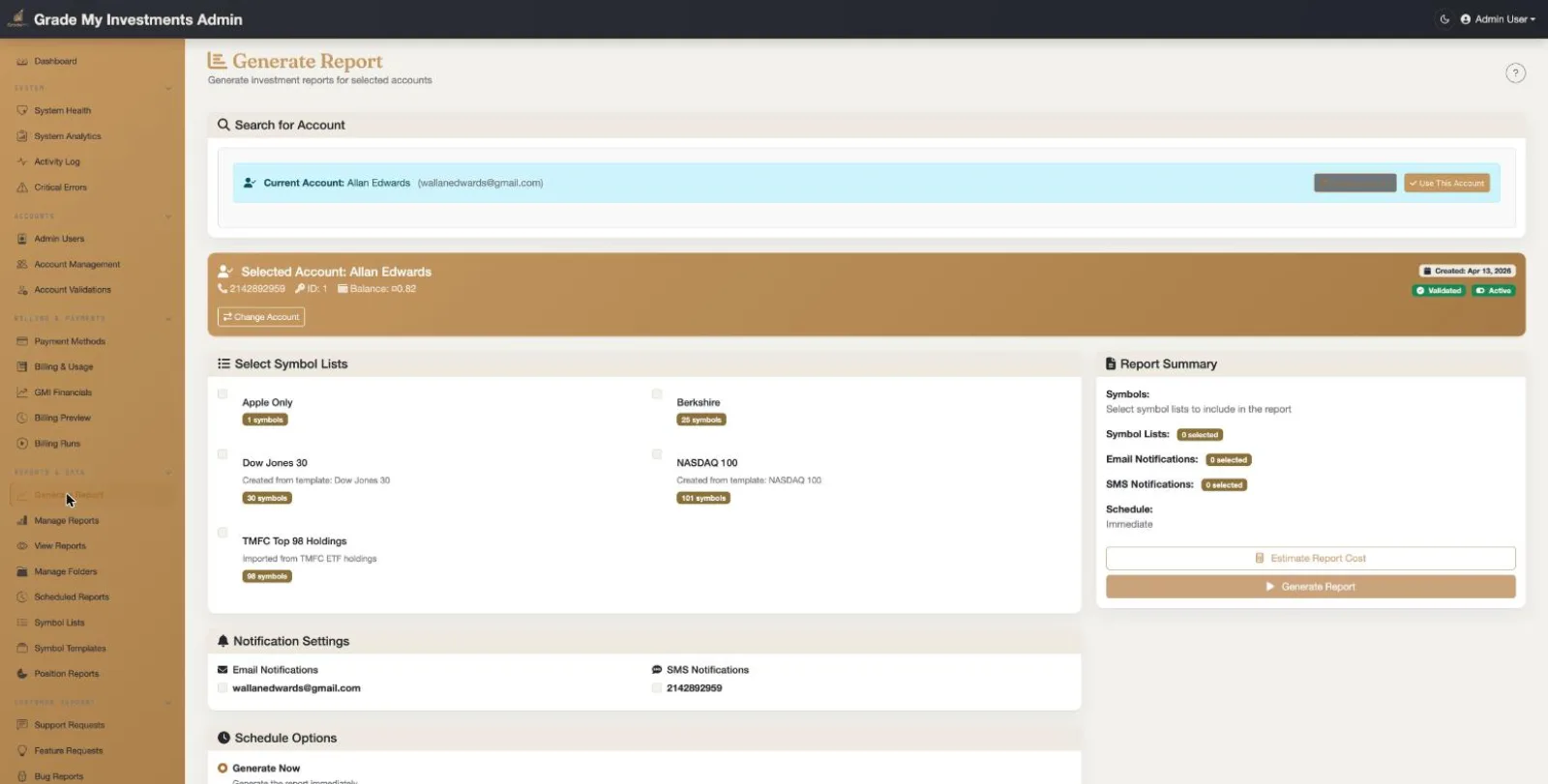 Grade My Investments Admin Generate Report