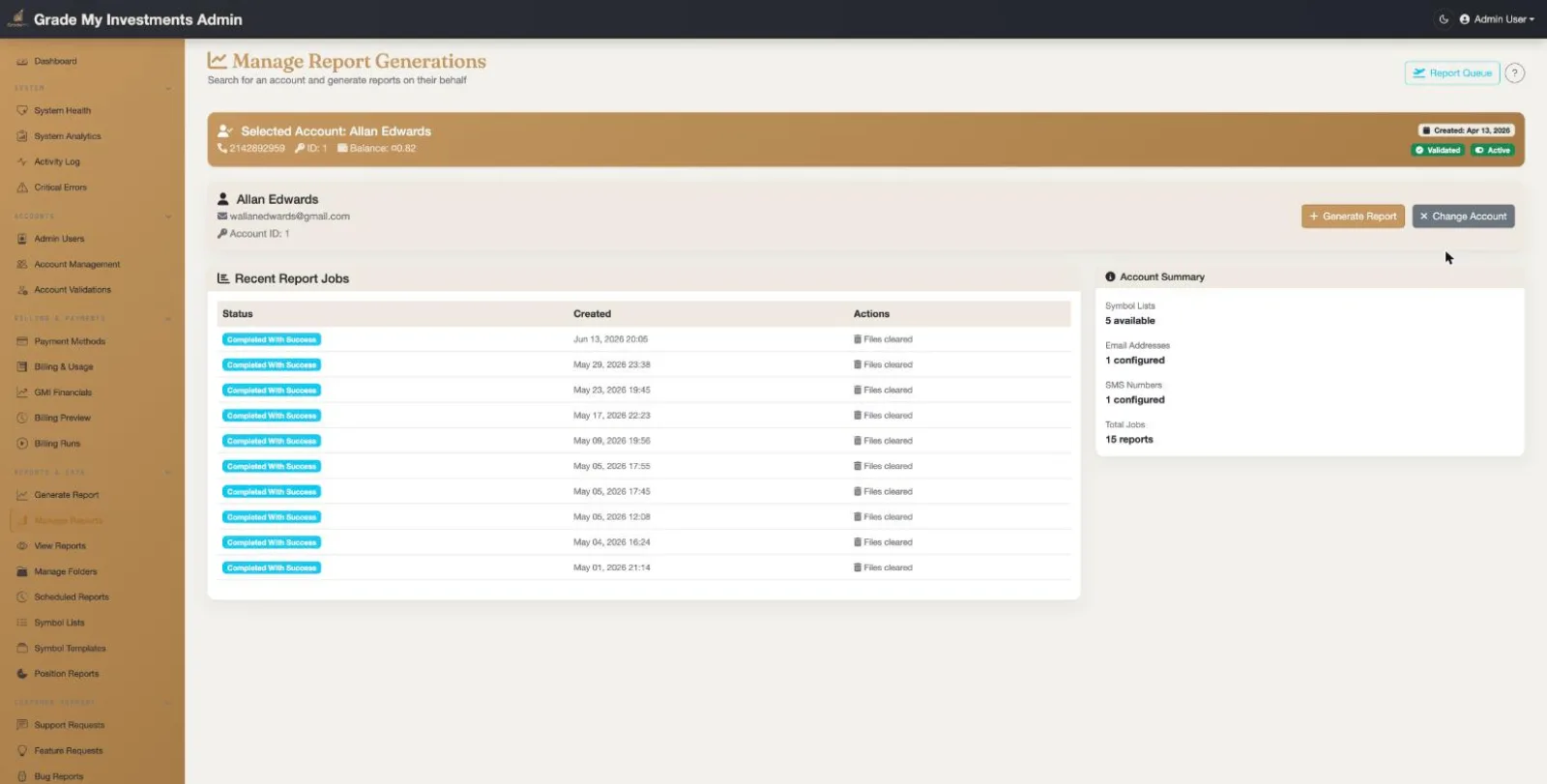 Grade My Investments Manage Report Generations