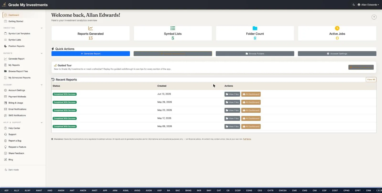 Grade My Investments Client Web Dashboard