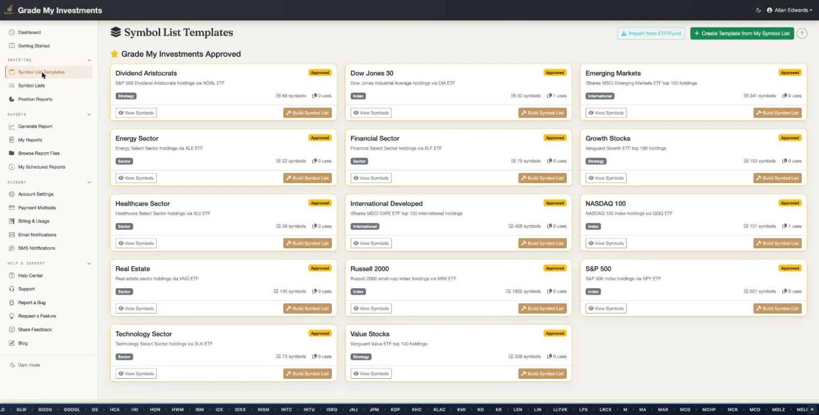 Grade My Investments Symbol List Templates