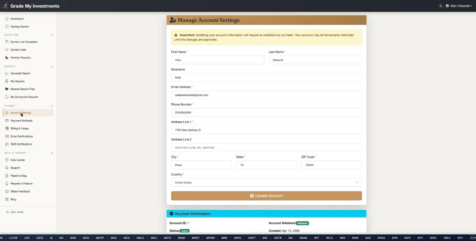 Grade My Investments Account Settings