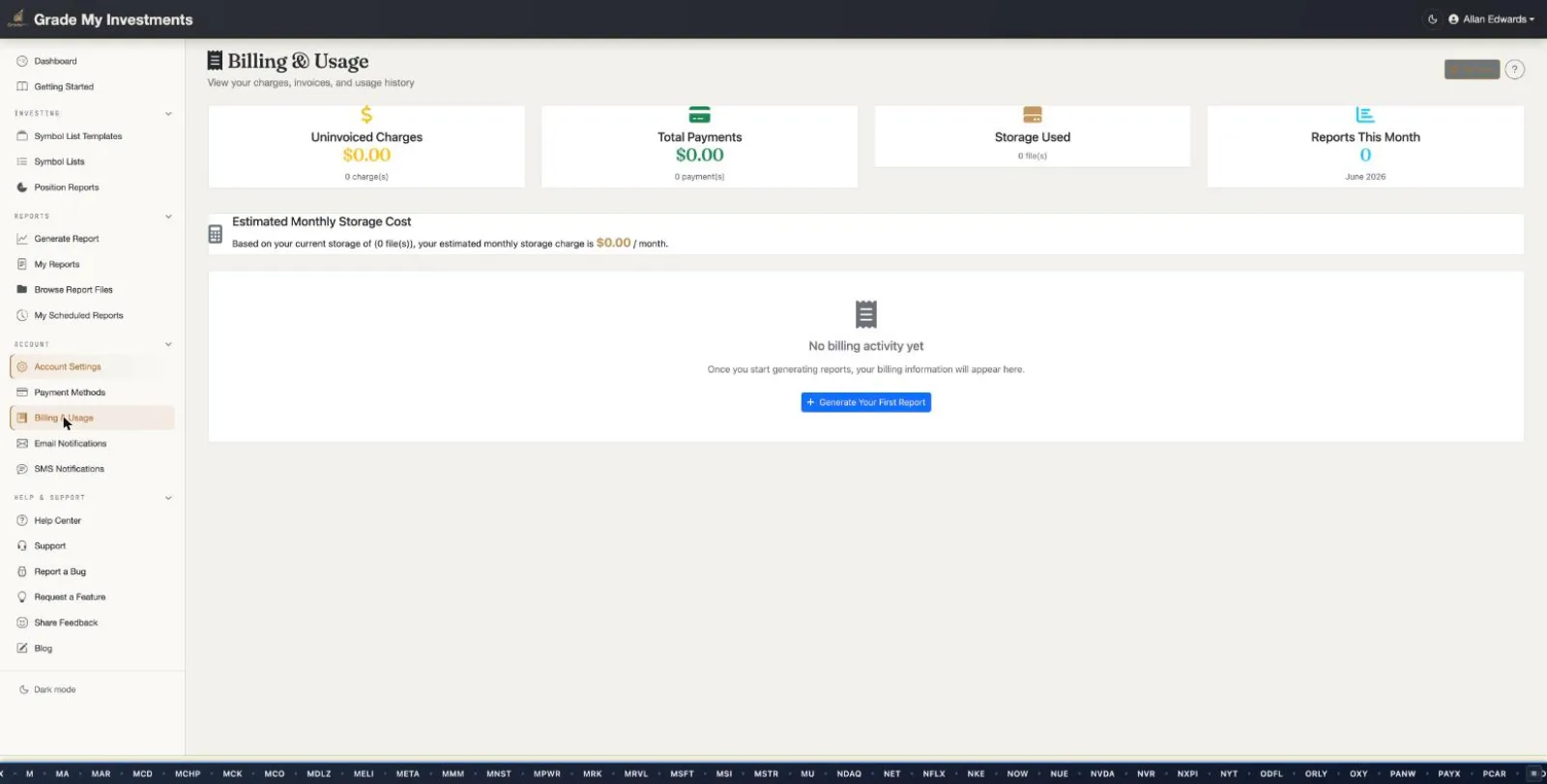 Grade My Investments Billing and Usage